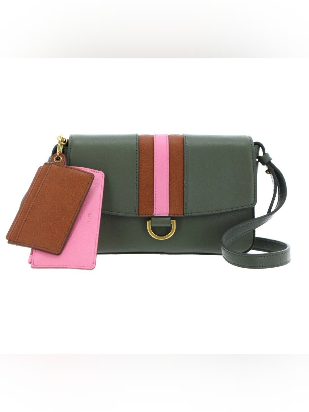 FOSSIL Millie Mini Crossbody Bag Set Leather Aloe Green Pink Brown Wallet & Card